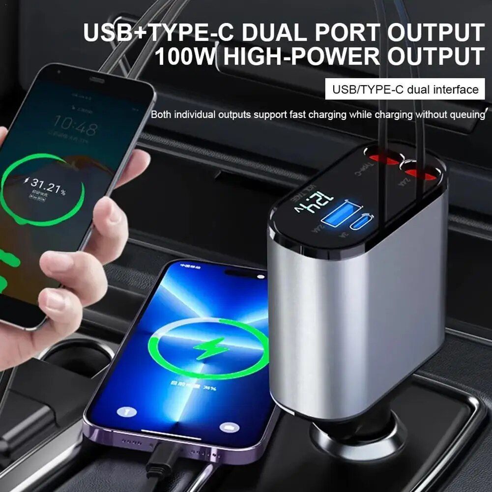 High-Speed 4-in-1 Retractable Car Charger with Dual USB, Type-C & Lightning Cables - Image 7