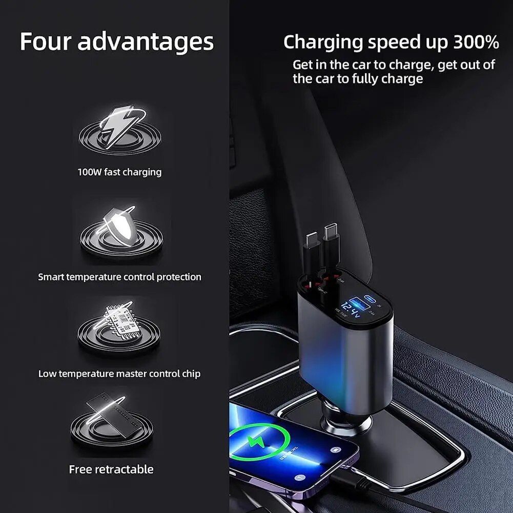 High-Speed 4-in-1 Retractable Car Charger with Dual USB, Type-C & Lightning Cables - Image 8